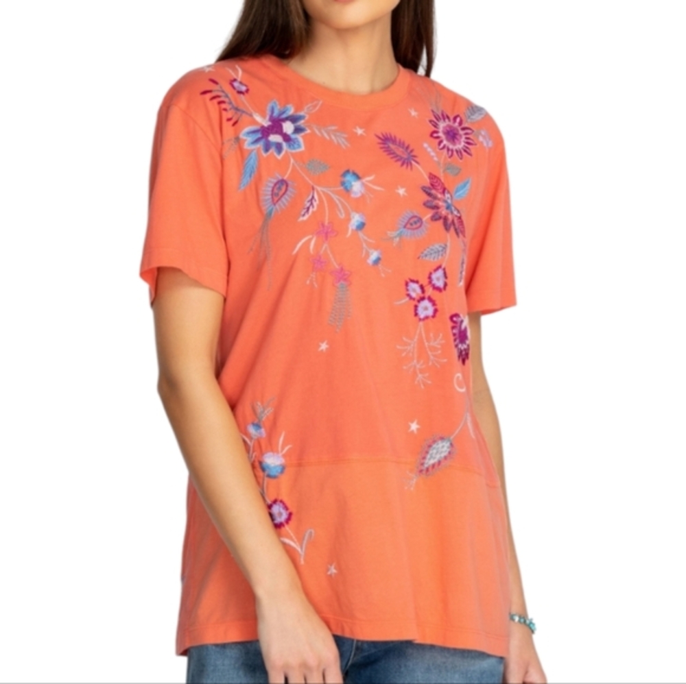 Johnny Was Phoebe Orange Embroidered Short Sleeve Seamed Relaxed Tee Size XXS